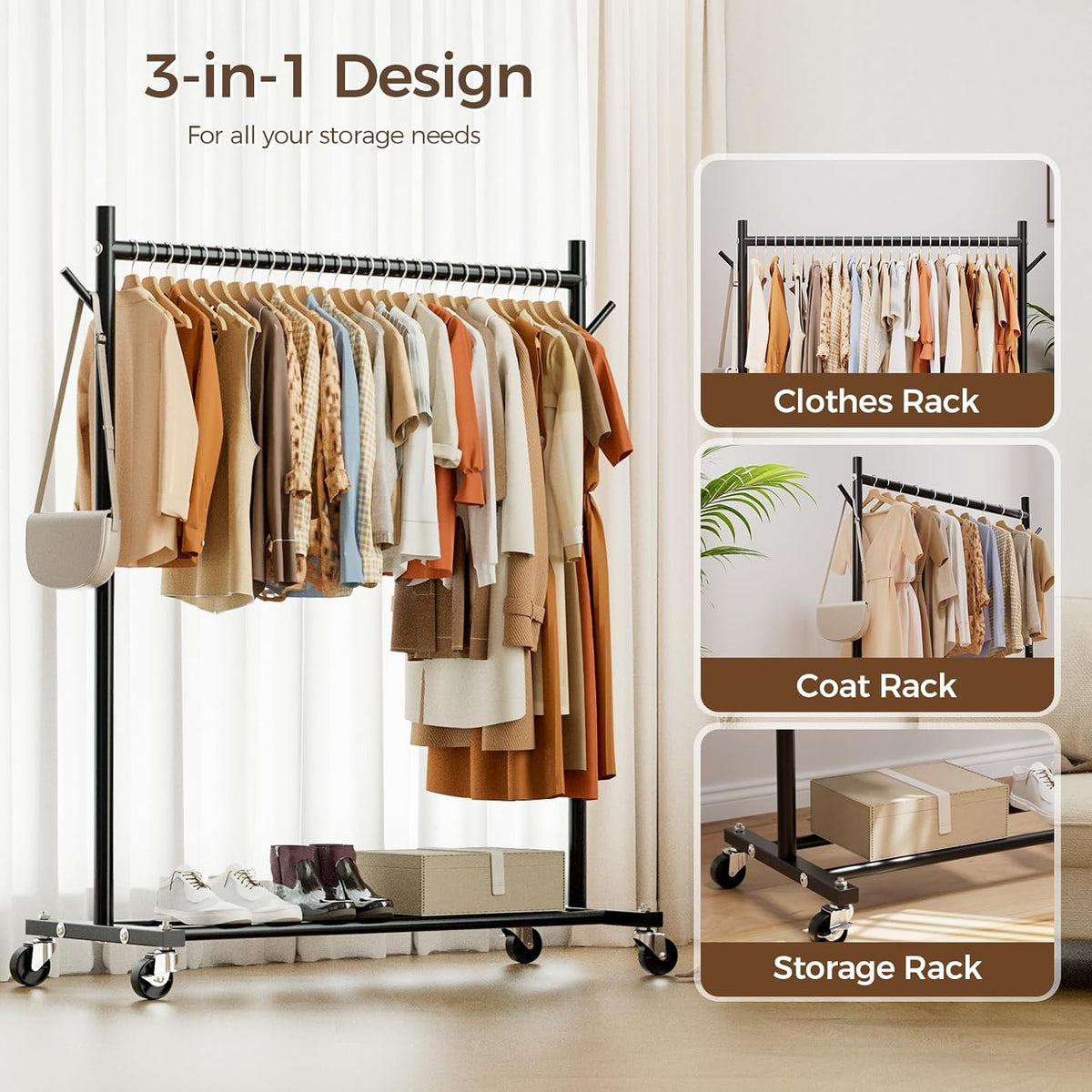 Fuakesor Clothes Rack, Clothing Rack for Hanging Clothes Load 280LBS, Rolling Garment Rack