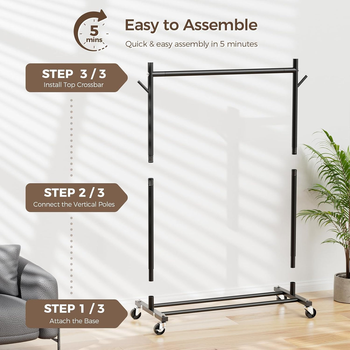Fuakesor Clothes Rack, Clothing Rack for Hanging Clothes Load 280LBS, Rolling Garment Rack